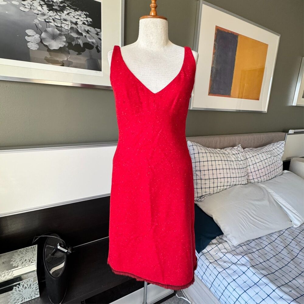 / Tahari Wool Blend Red Sheath Dress Orange Purple Dots Faux Fur Hemline Sz Zero